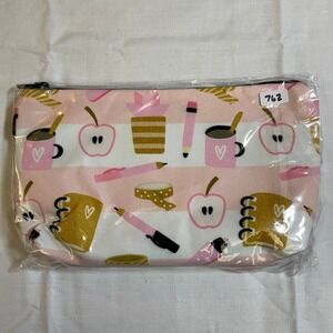 The Pouch Cosmetic Bag Womens Small Pink NWT Stationery Print Zipper Pouch 8x5